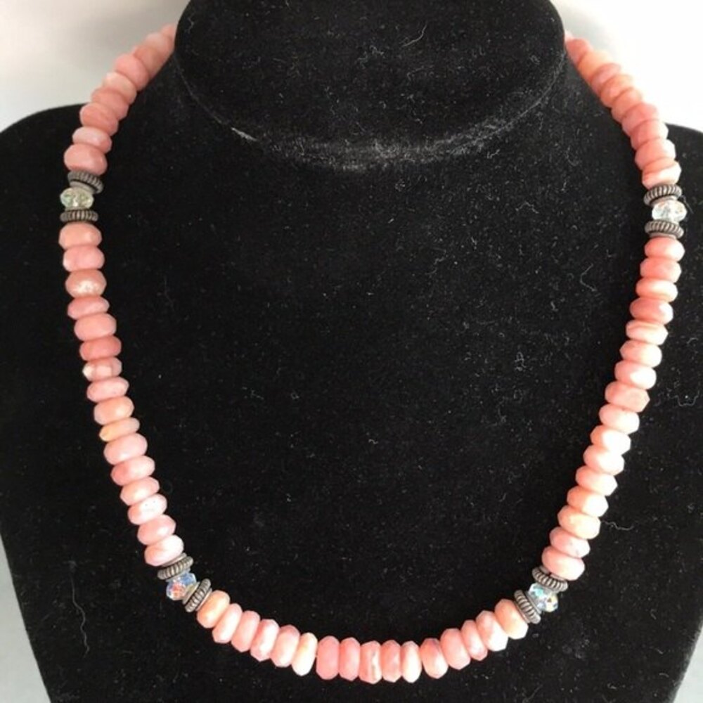 Vintage Peruvian Opal Sterling Silver Swarovski Crystal Handmade 16" Necklace